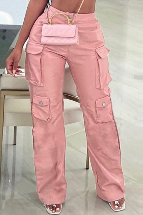 Pantalones de color sólido convencional de cintura alta regular patchwork sólido casual rosa