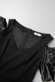 Schwarzes, sexy, formelles, solides Patchwork-Abendkleid mit V-Ausschnitt