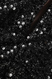 Schwarze, sexy Arbeits-Overalls, elegant, einfarbig, Netzstoff mit V-Ausschnitt und regulären Pailletten