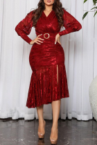 Vestidos de falda envueltos con cuello en V y escote en V con abertura sólida elegante rojo
