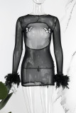 Black Sexy Butterfly Patchwork See-through Backless O Neck Long Sleeve Dresses