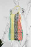Многоцветное сексуальное лоскутное бинтовое платье без рукавов с открытой спиной и контрастной лямкой на шее