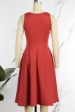 赤 カジュアル ソリッド ベーシック Oネック ノースリーブ ドレス ドレス
