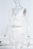 White Sexy Street Solid Patchwork Mesh Hot Drill V Neck Sleeveless Two Pieces