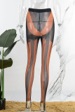 Khaki Casual Street Sportswear Striped See-through Skinny Mid Waist Pencil Positioning Print Bottoms