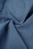 Голубой повседневный однотонный джинсовый комбинезон с отложным воротником средней талии в стиле пэчворк