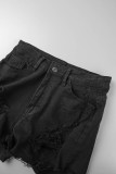 Pantalones cortos de mezclilla flacos de cintura alta rasgados sólidos informales azul claro