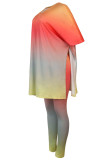 Tangerine Red Casual Gradual Change Patchwork Slit V Neck Plus Size Two Pieces