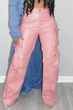 Roze casual effen patchwork normale hoge taille conventionele effen kleur broek