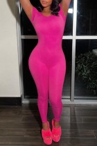 Rose Red Casual Solid Backless Basic O-hals Skinny Jumpsuits