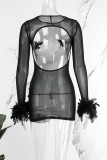 Black Sexy Butterfly Patchwork See-through Backless O Neck Long Sleeve Dresses