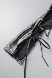 Calças pretas sexy casuais lisas vazadas skinny cintura alta lápis cor sólida