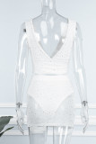 Белая сексуальная уличная сплошная лоскутная сетка Горячая дрель с V-образным вырезом без рукавов из двух частей