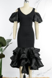 Black Sexy Formal Solid Patchwork V Neck Evening Dress Dresses
