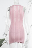 ピンクのセクシーなソリッドくり抜きOネックノースリーブドレスドレス