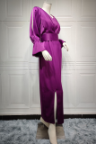 Purple Elegant Solid Fold Cut Out Zipper V Neck Wrapped Skirt Dresses