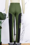 Calças de patchwork casual verde contrastante cintura alta alto-falante patchwork