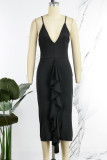 Черное сексуальное сплошное лоскутное платье с открытой спиной и V-образным вырезом на бретелях Платья