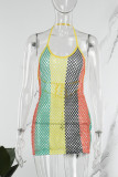 Многоцветное сексуальное лоскутное бинтовое платье без рукавов с открытой спиной и контрастной лямкой на шее