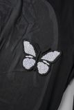 Schwarze, sexy, durchsichtige, rückenfreie, langärmlige Kleider mit Schmetterlings-Patchwork und O-Ausschnitt