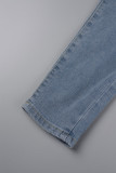 Jeans jeans skinny azul claro liso casual vazado com miçangas cintura média