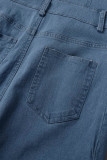 Macacão Jeans Skinny Azul Claro Casual Patchwork Sólido Gola Turndown Cintura Média