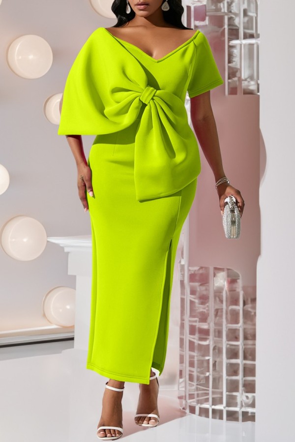 Фруктово-зеленое повседневное однотонное вечернее платье в стиле пэчворк с разрезом и V-образным вырезом Платья