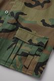 Tops à col chemise asymétrique en patchwork imprimé camouflage décontracté vert