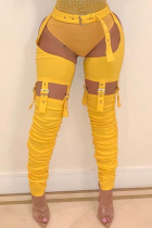 Yellow Sexy Solid Metal Accessories Decoration Fold Cut Out Skinny Pencil Solid Color Bottoms