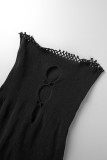 Zwarte sexy effen uitgeholde rugloze strapless gewikkelde rokjurken