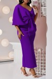 Фиолетовые повседневные однотонные лоскутные вечерние платья с разрезом и V-образным вырезом Платья
