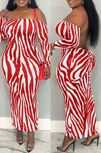 Red Casual Print Backless Off the Shoulder Long Dress Dresses
