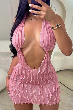 Pink Sexy Solid Patchwork Backless Halter One Step Skirt Dresses