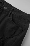 Short jeans skinny preto casual liso rasgado cintura alta
