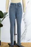 Lichtblauwe casual effen uitgeholde skinny jeans met halfhoge taille en kralen