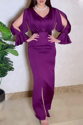 Púrpura Elegante Sólido Pliegue Corte Cremallera V Cuello Envuelto Falda Vestidos