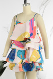 Multicolor Sexy Casual Print Patchwork Backless Spaghetti Strap Cake Skirt Dresses