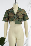 Grüne, lässige, asymmetrische Hemdkragen-Oberteile mit Camouflage-Print und Patchwork
