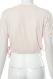 T-shirt basic con scollo a V stampa casual color albicocca