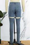 Hellblaue, legere, einfarbige, ausgehöhlte, mit Perlen verzierte Skinny-Denim-Jeans mit mittlerer Taille