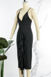 Черное сексуальное сплошное лоскутное платье с открытой спиной и V-образным вырезом на бретелях Платья