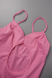 Pink Sexy Solid Hollowed Out See-through Backless Swimwears