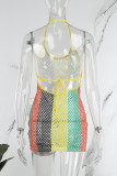 Bandagem de retalhos sexy multicolorida sem costas contraste frente única vestidos sem mangas