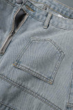 Babyblaue, lässige, solide Patchwork-Jeansröcke mit hoher Taille und schmaler Passform