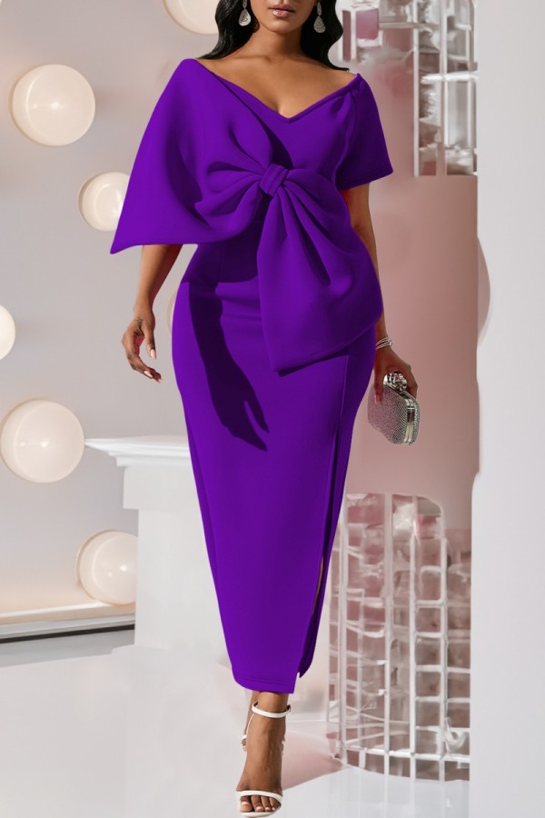 Фиолетовые повседневные однотонные лоскутные вечерние платья с разрезом и V-образным вырезом Платья