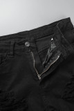 Schwarze, lässige, solide, zerrissene, dünne Denim-Shorts mit hoher Taille