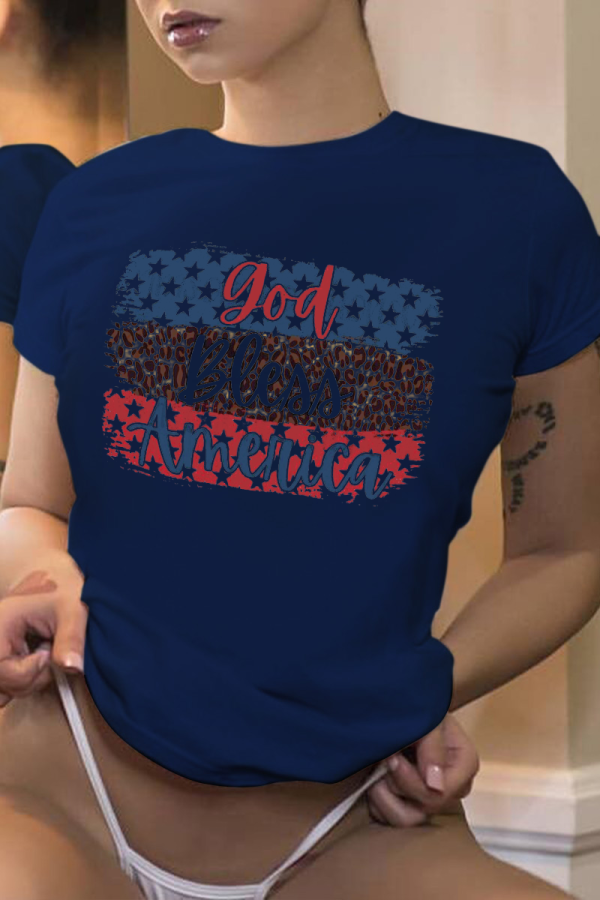 Marineblauwe sportkleding T-shirts met dagelijkse print en patchwork met letter O-hals
