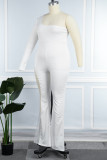 Weiße, sexy, lässige, elegante, solide Patchwork-Mesh-Overalls mit heißem Bohrer und schrägem Kragen