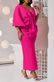 ピンク カジュアル ソリッド パッチワーク スリット V ネック イブニング ドレス ドレス
