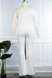Weiße, sexy, lässige, elegante, solide Patchwork-Mesh-Overalls mit heißem Bohrer und schrägem Kragen